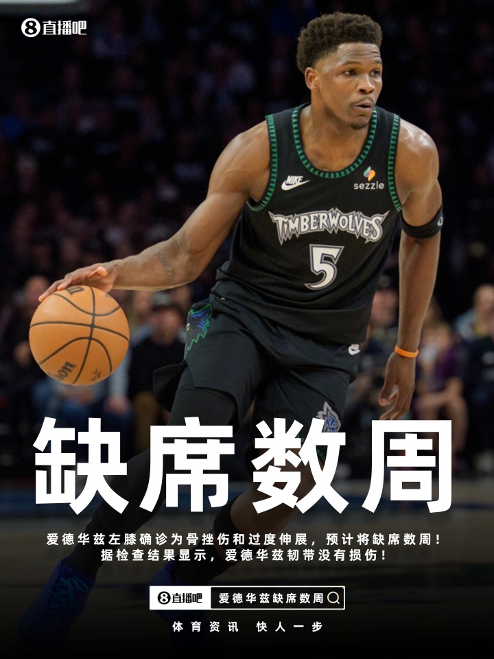 华体会官网-Shams：爱德华兹左膝骨挫伤&amp;过度伸展将缺席数周！但韧带无损伤！